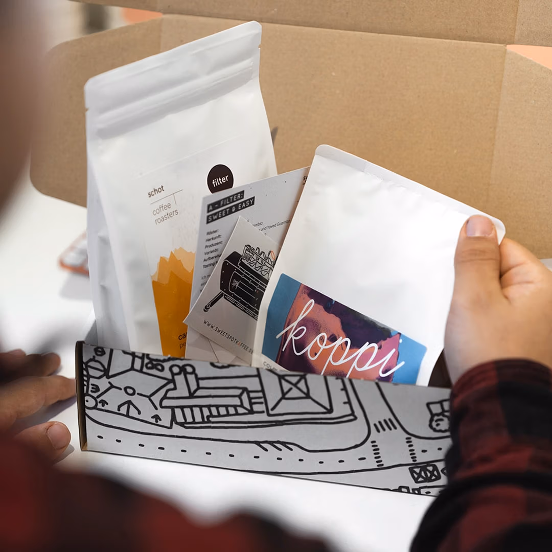 Eine Beispiel-Box für ein A-Abonnement mit Specialty Kaffee Bohnen von Schot und Koppi